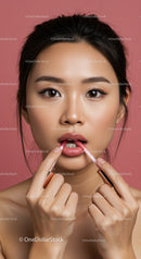 Beautiful Young Woman Applying Lip Gloss with Pink Background