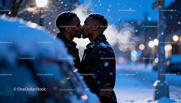 Couple sharing a tender kiss in snowy winter evening