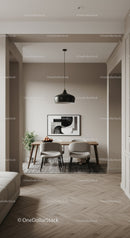 Minimalist dining area with modern art and black pendant lamp