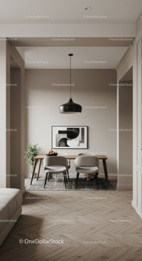 Minimalist dining area with modern art and black pendant lamp