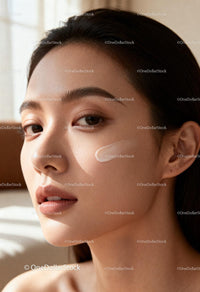 Close-up of woman applying cream on glowing skin