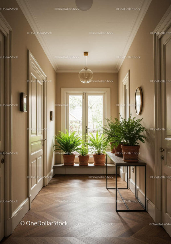 Bright Hallway with Potted Ferns and Natural Light in Modern Interior