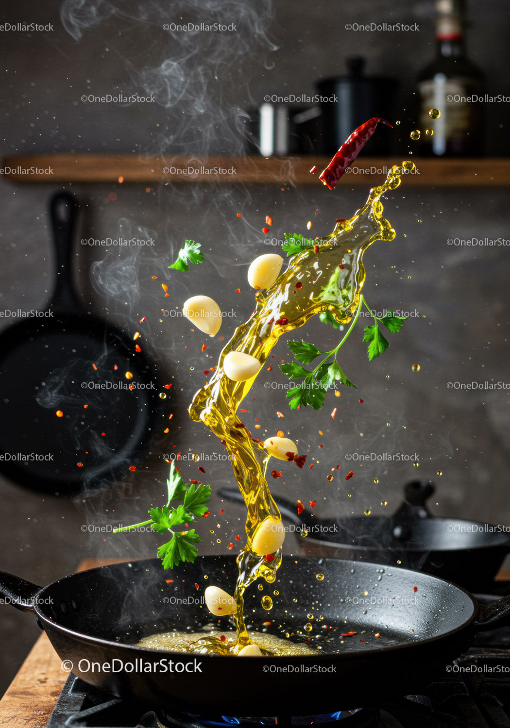 Garlic and chili flying with olive oil splash in pan