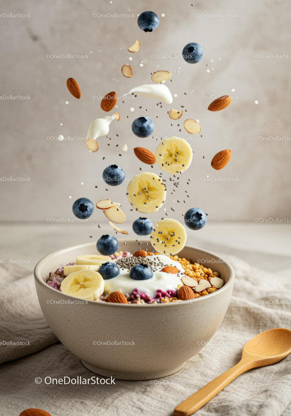 Healthy breakfast bowl with fresh fruit and nuts