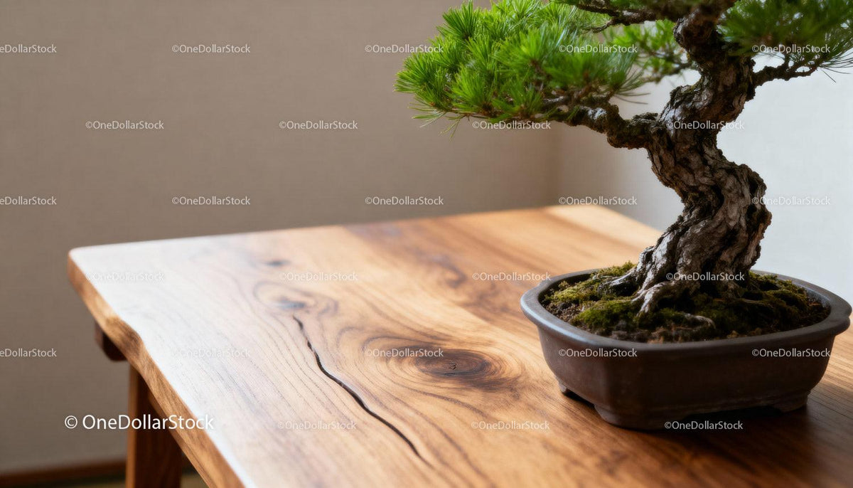 Serene Bonsai Tree on Polished Wooden Table