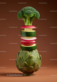Creative stack of fresh vegetables in vertical arrangement