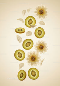 Sliced Golden Kiwi with Soft Creamy Flowers and Petals