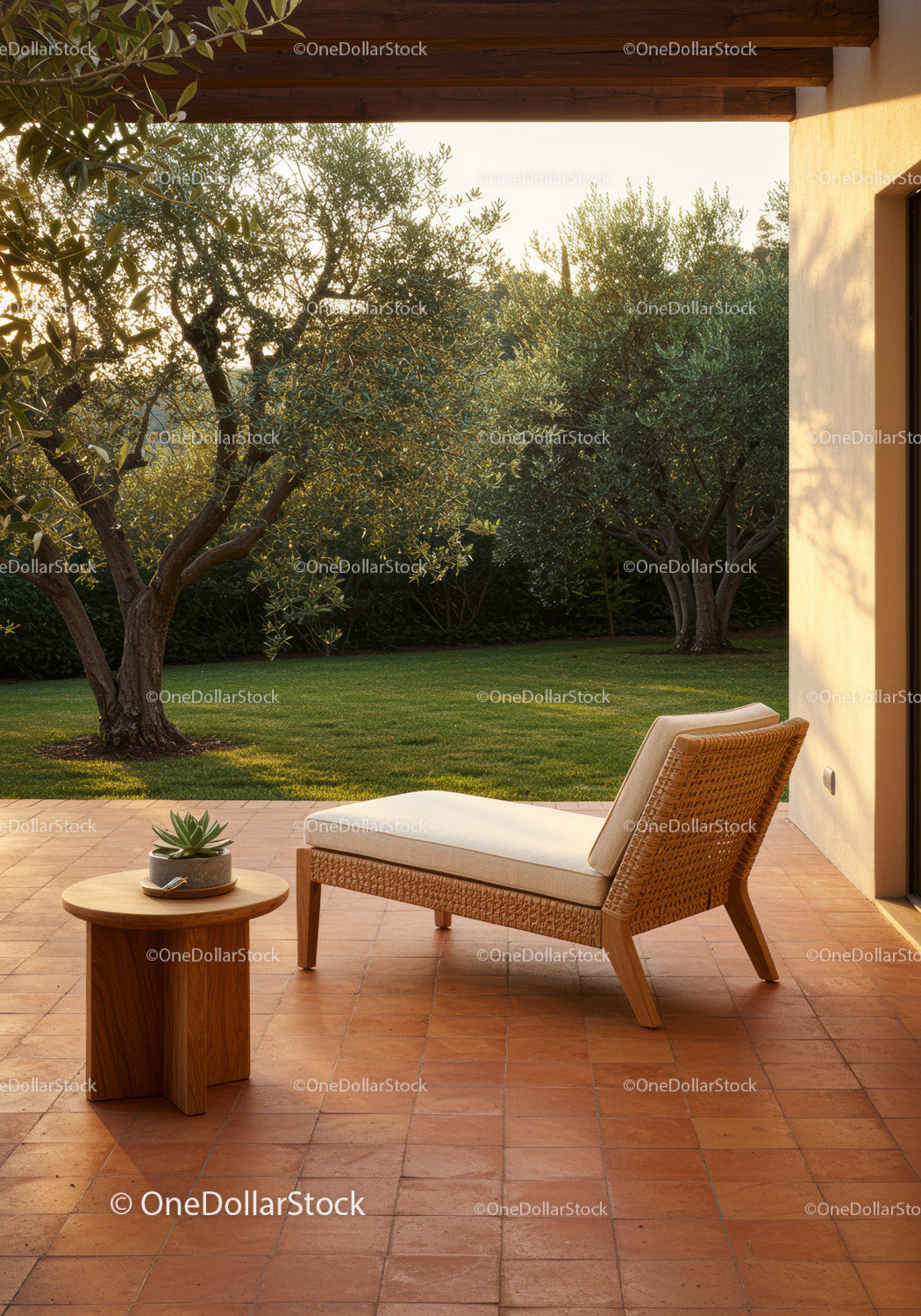 Contemporary Lounge Chair on Sunlit Terrace Overlooking Green Garden