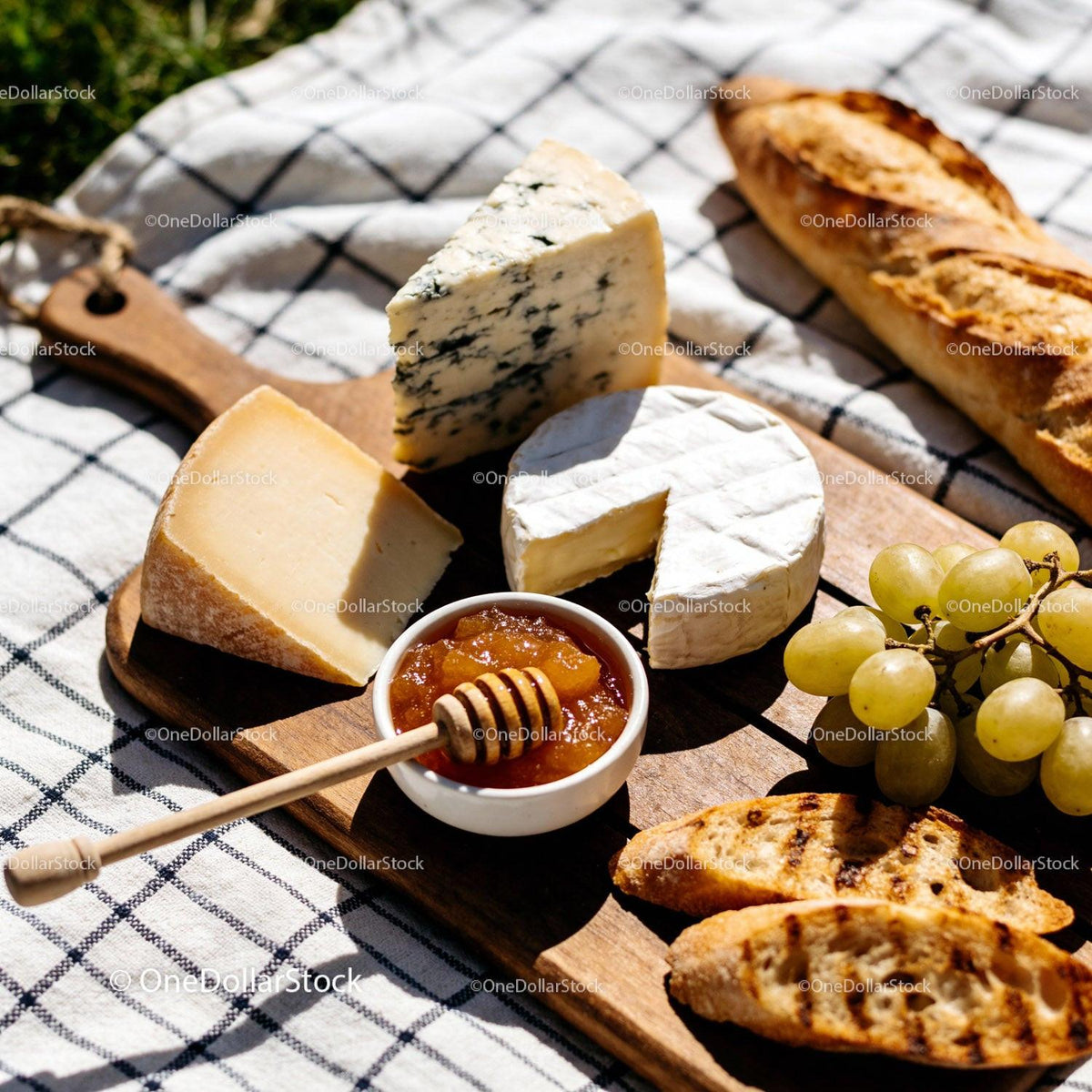 Cheese platter with grapes bread and honey on picnic
