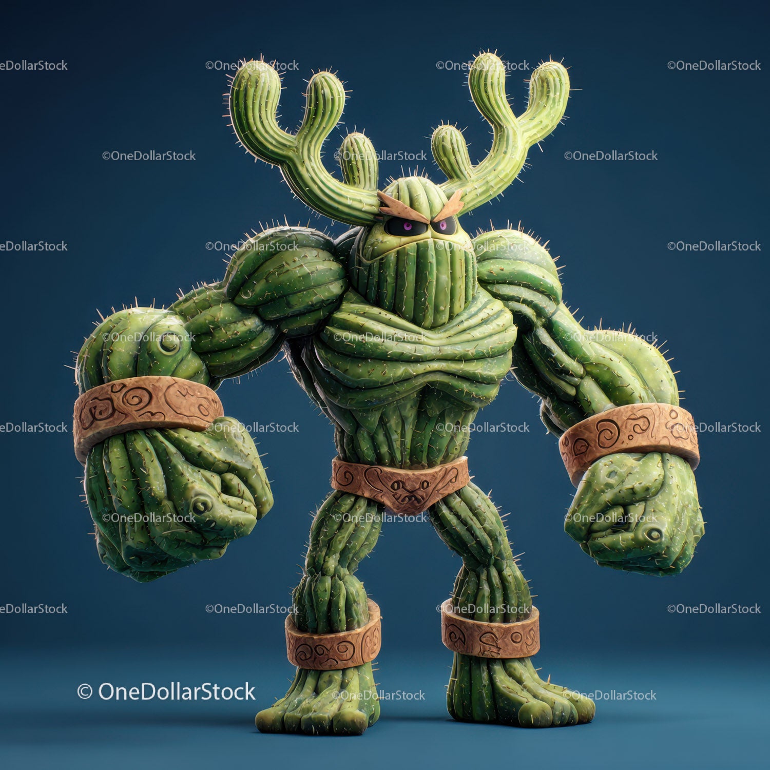 Vibrant Green Anthropomorphic Cactus Character with Muscular Build