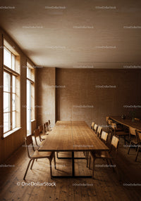 Rustic Dining Room with Wooden Furniture and Large Windows
