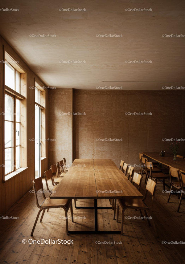Rustic Dining Room with Wooden Furniture and Large Windows