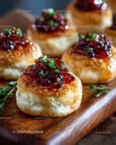 Gourmet Crostini with Cheese and Red Pepper Jelly on Rustic Platter