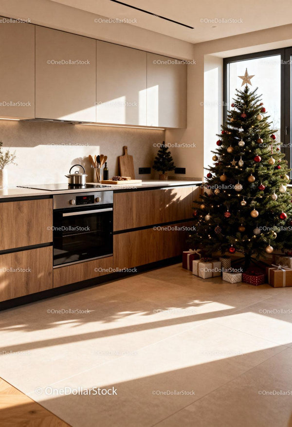 Sunlit modern kitchen with decorated Christmas tree