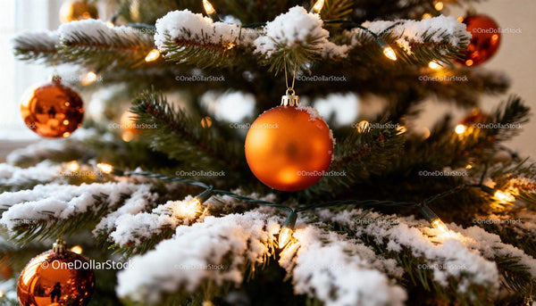 Snow-dusted Christmas tree with glowing orange ornaments