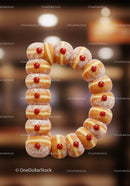 Circular arrangement of jelly filled doughnuts with powdered sugar