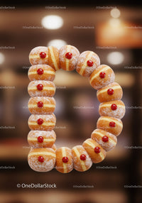Circular arrangement of jelly filled doughnuts with powdered sugar