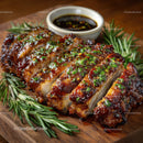 Gourmet Grilled Pork Ribs with Rosemary and Soy Sauce on Wooden Board