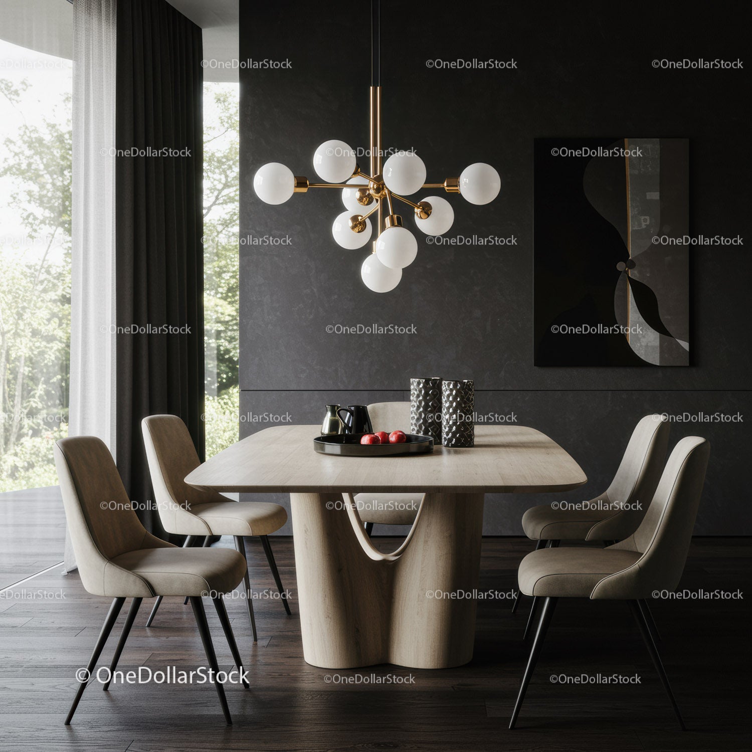 Elegancka, nowoczesna jadalnia z lampą wiszącą i beżowymi krzesłami