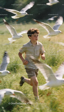 Young boy running through field surrounded by seagulls