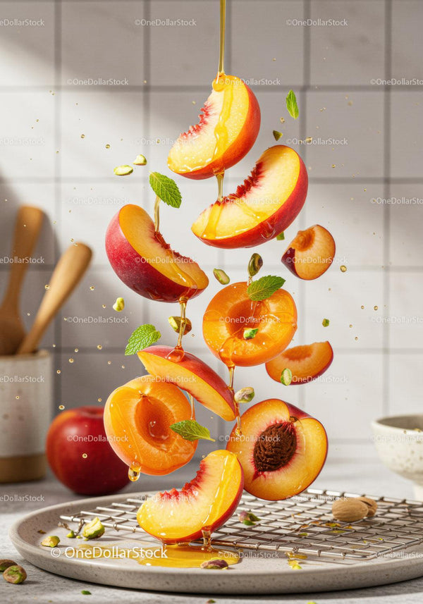 Fresh nectarines with honey drizzle and mint leaves