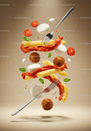 Flying Italian Pasta Ingredients with Meatballs and Forks