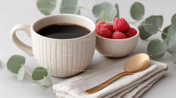 Ceramic Coffee Mug with Raspberries and Gold Spoon on Linen Napkin