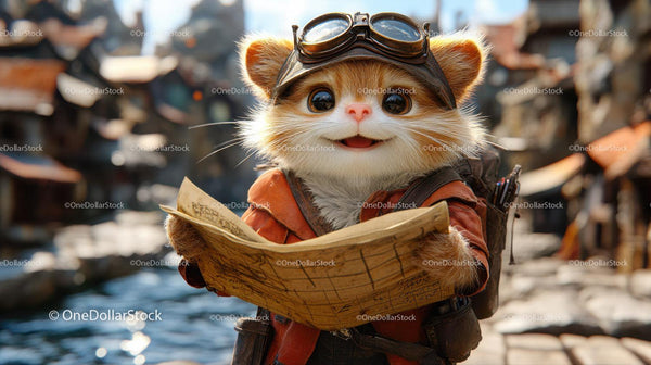 Adventurous Cat Holding Aged Map