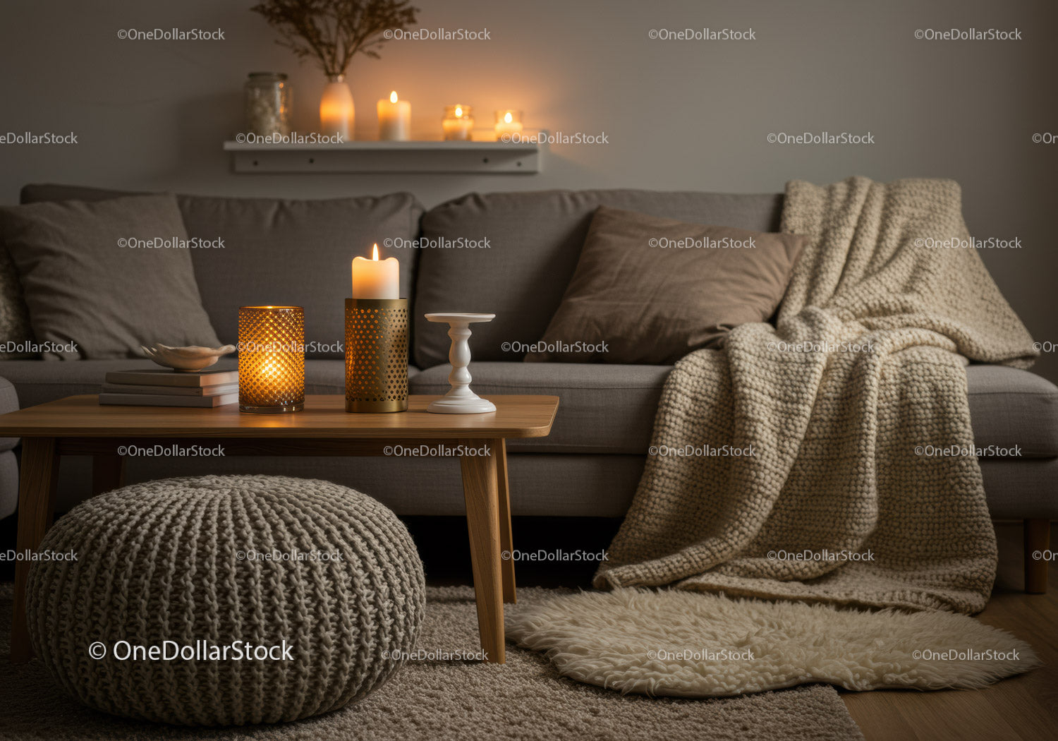 Cozy living room with candles and knitted decor