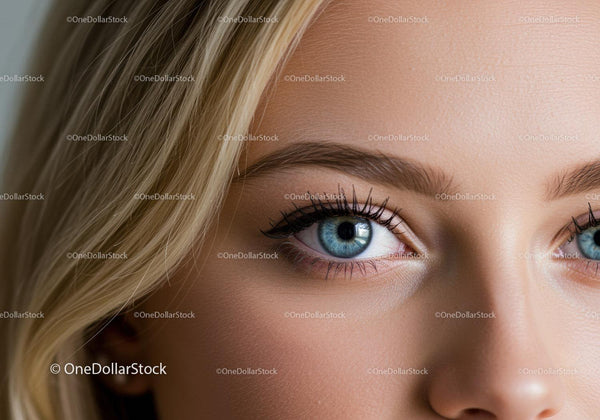 Zbliżenie na niebieskie oczy i naturalne blond włosy