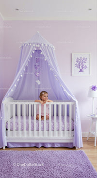 Purple Canopy in Cozy Nursery with Baby Girl and Wall Art