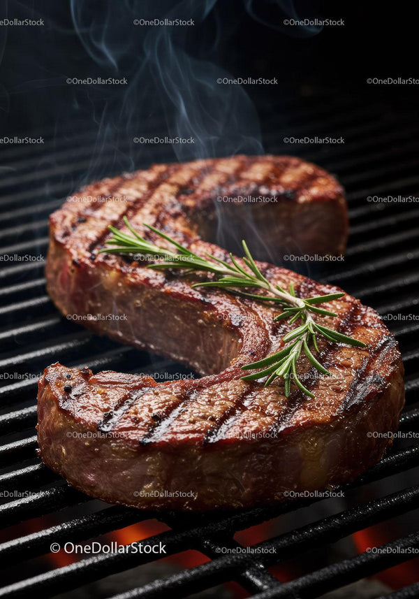 Grilled Steak with Rosemary on Hot Charcoal Grill