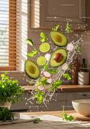 Fresh Avocado and Citrus Ingredients Splash in Kitchen