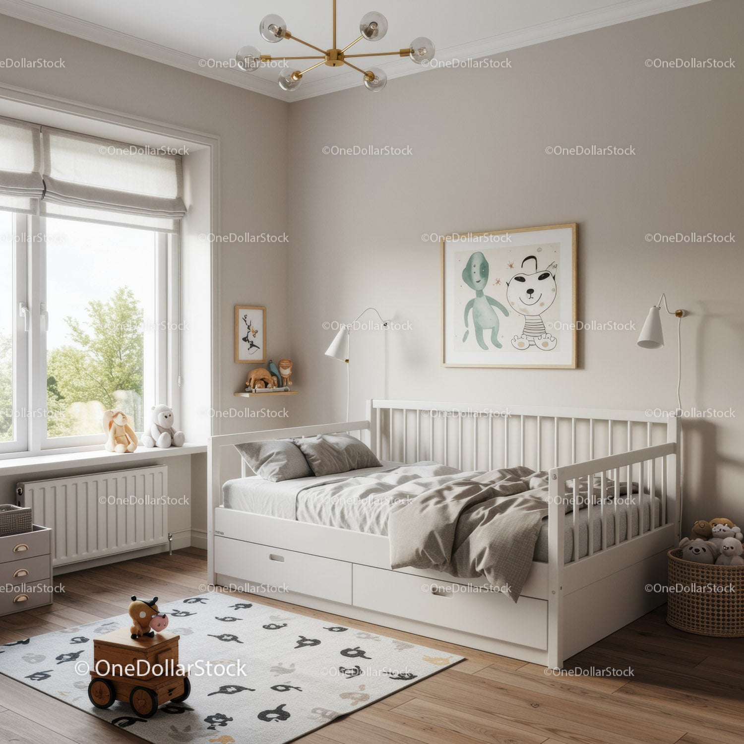 Bright Kids Bedroom with White Bed and Playful Decor
