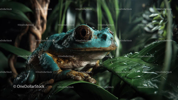 Vivid Green Frog Resting on Wet Jungle Leaf in Rainforest