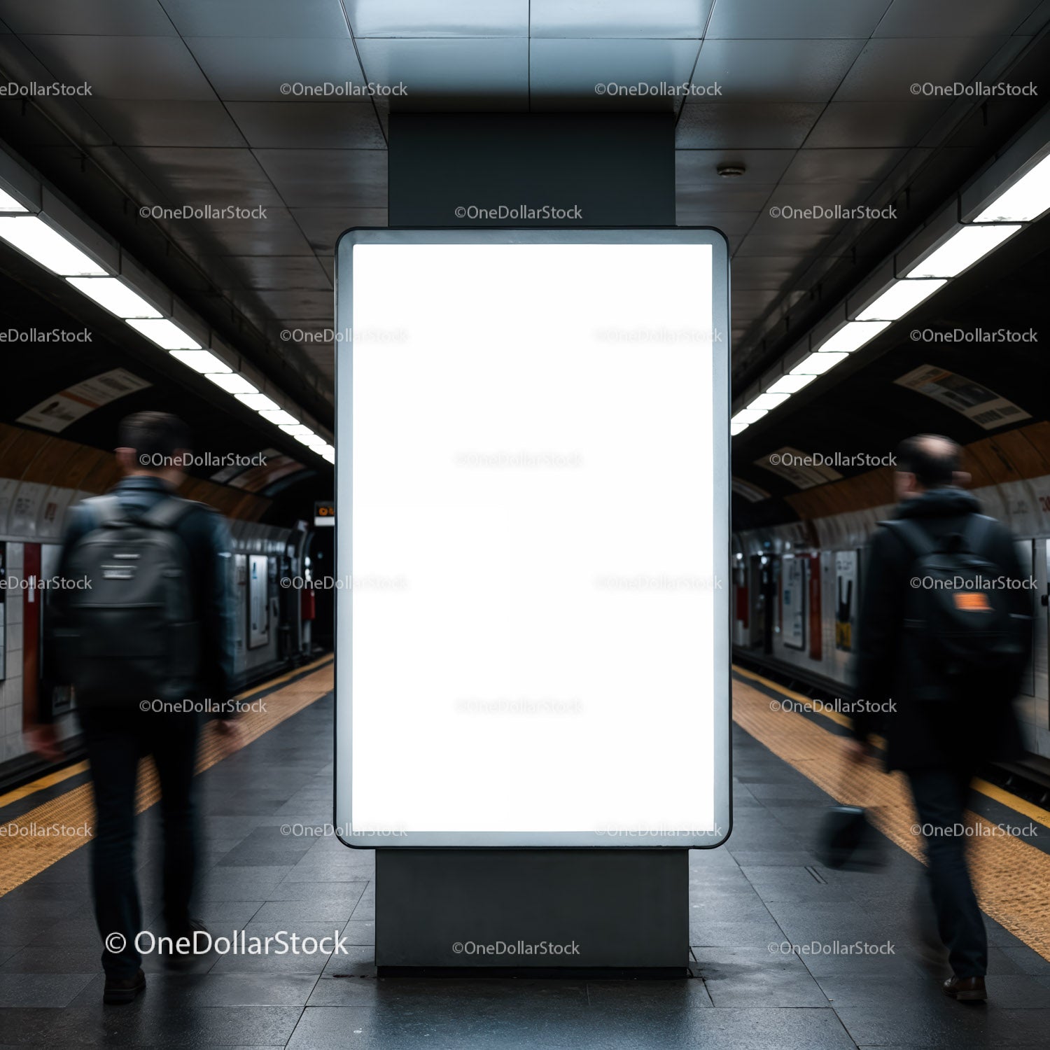 Empty illuminated billboard in busy subway station
