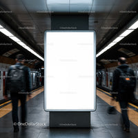 Empty illuminated billboard in busy subway station