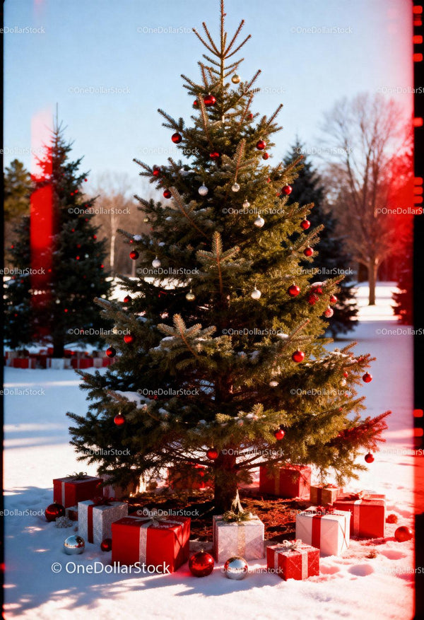 Christmas tree decorated with gifts in snowy landscape