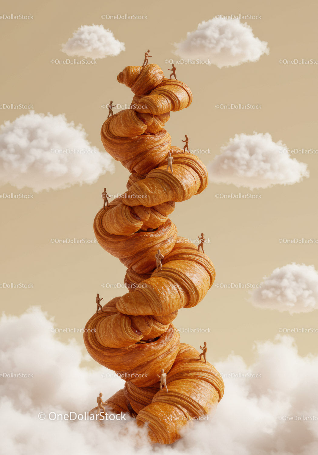 Tiny People Climbing Tower of Croissants in Clouds