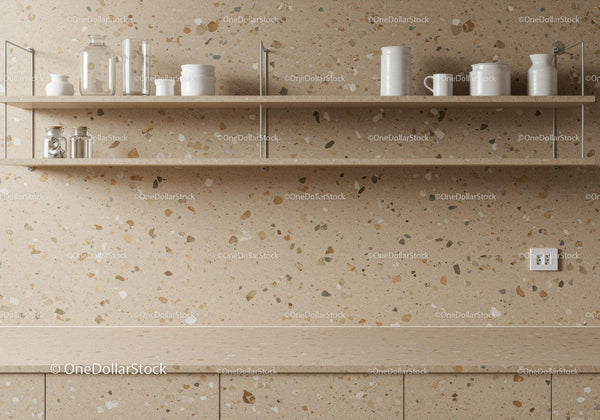 Modern Kitchen Shelves with Terrazzo Wall and White Decor