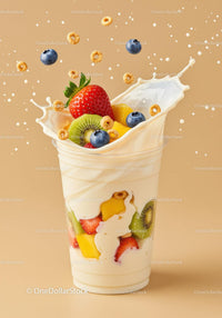 Fresh fruit and cereal splash in creamy yogurt cup
