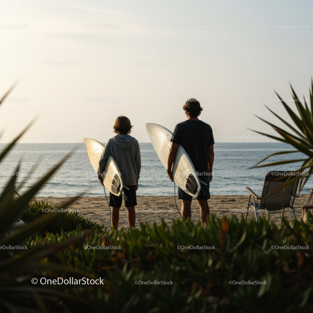 Young Man and Boy with Surfboards Walking on Beach at Sunset
