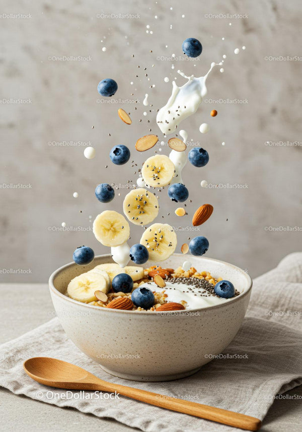 Healthy breakfast bowl with fresh fruits and yogurt splash
