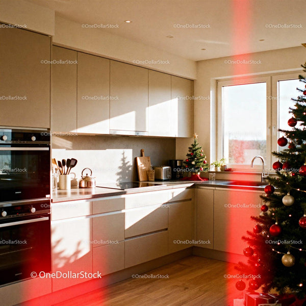 Cozy modern kitchen decorated for Christmas holiday