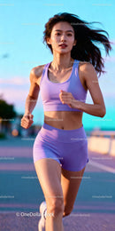 Athletic young woman running outdoors at sunset