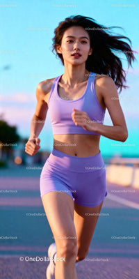 Athletic young woman running outdoors at sunset
