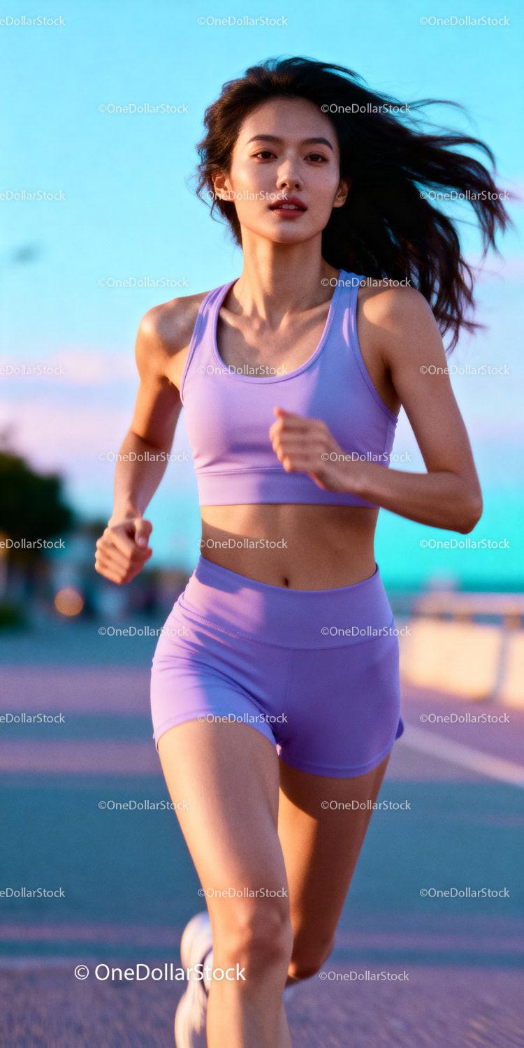 Athletic young woman running outdoors at sunset