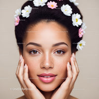 Young Woman with Freckles Wearing Flower Headband in Soft Light