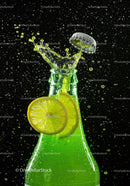 Refreshing green soda bottle with lemon splash