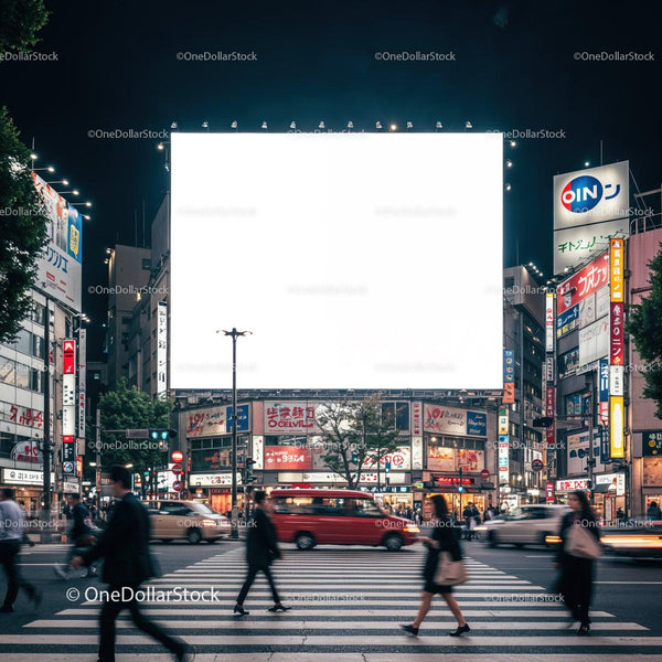 Busy city crosswalk with illuminated billboard at night JPG Mockup Image
